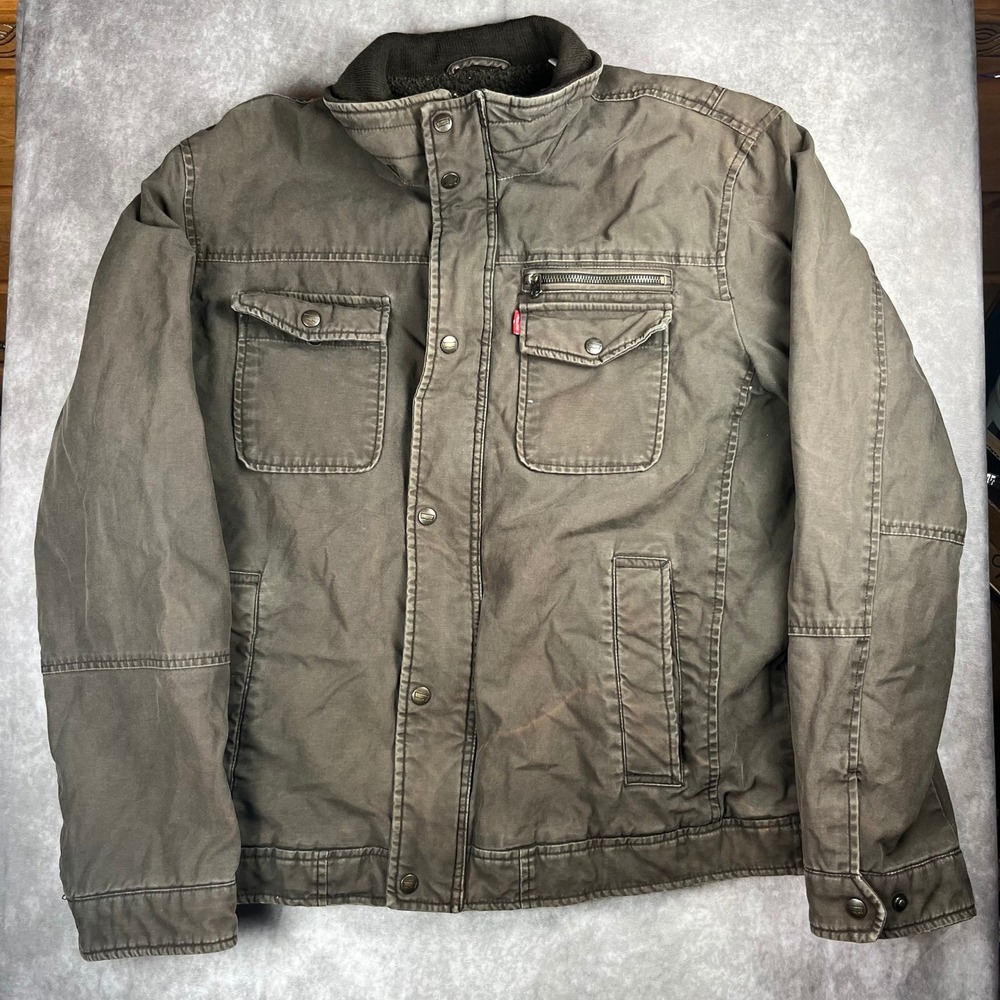 Levis Mens Sherpa Lined Canvas Field Jacket Olive Brown XL EG Utility Coat